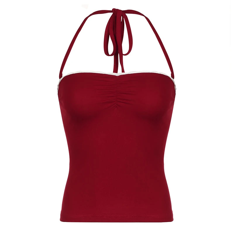 Hnewly Fashion Red Lace Trim Folds Skinny Halter Top Summer Backless Off Shoulder Y2K Holidays Crop Top Sexy Women's Clothes