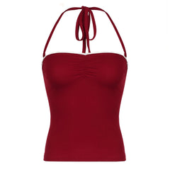 Hnewly Fashion Red Lace Trim Folds Skinny Halter Top Summer Backless Off Shoulder Y2K Holidays Crop Top Sexy Women's Clothes