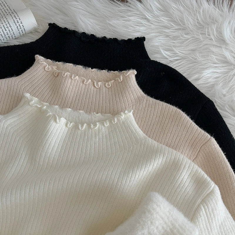 Hnewly  Lace Edge Half High Collar Sweater Autumn Winter New Women's Long Sleeve Top Warm Solid Color Slim Basic Knit Pullover