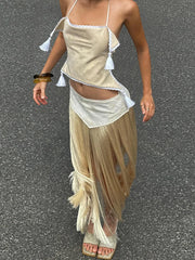 Hnewly  Cutenew Sexy Tassel Halter 2 Piece Set Women Irregular Backless Bandages Tank Top+Patchwork Skirt New Trend Party Streetwear