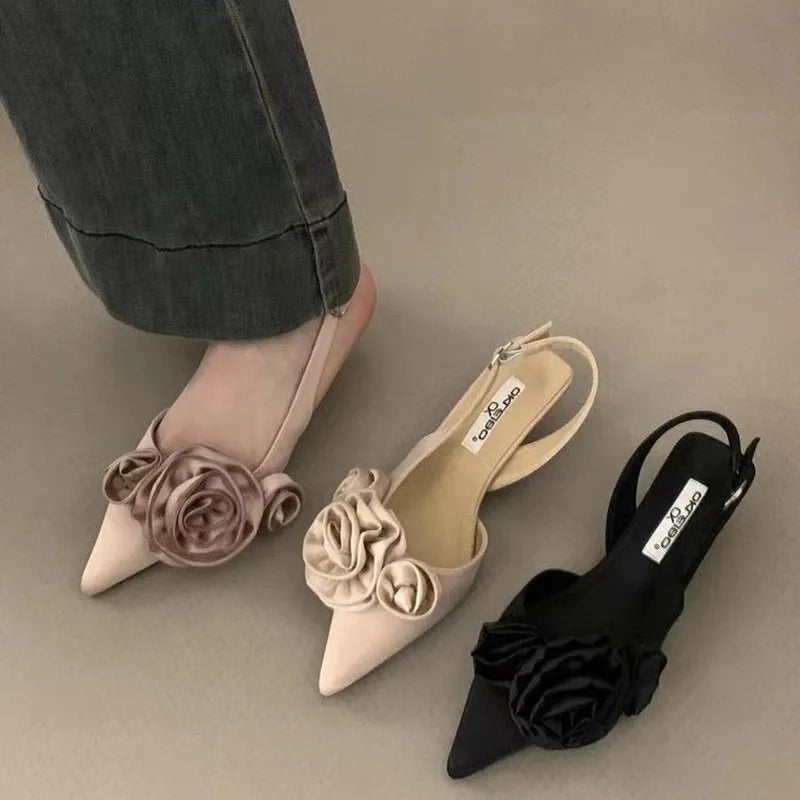 Hnewly New Brand Women Sandal Fashion Flower Ladies Elegant Dress Slingback Shoes Thin Low Heel Dress Mules Pumps