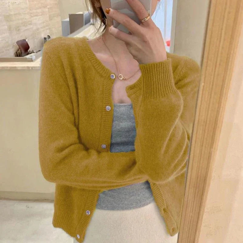Hnewly Cold Weather Outfits Fall Solid Color Knitted Cardigan Women Korean Single Breasted Long Sleeve Jumper Woman Round Neck All Match Sweater Outwear Top