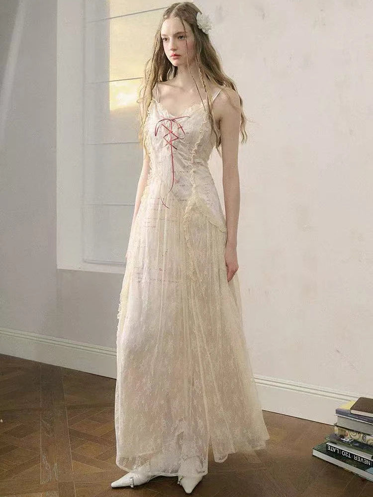 Hnewly Elegant Lace Patchwork Camis Dress Women Summer Sexy Backless Hollow Out Midi Dress Y2K Fashion Lace Up Streetwear Vestidos