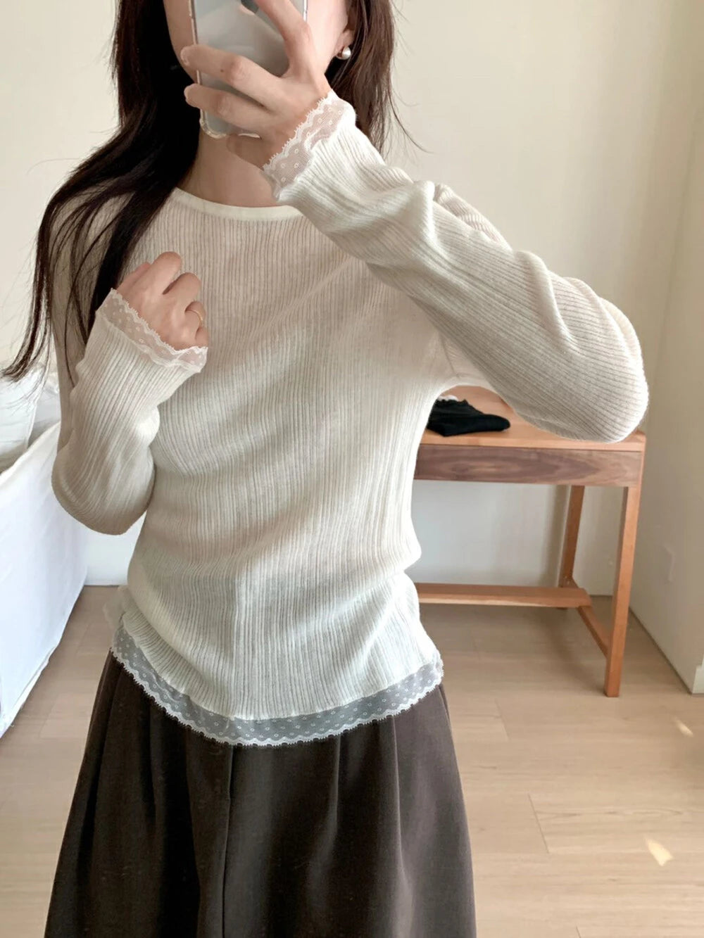 Hnewly  Women's Ribbed Knit Top with Lace Trim Long Sleeve O-neck Stretchy Fitted Shirt Pullovers Sweater Teen-girl Basic Outfit