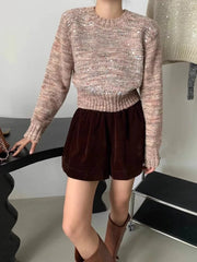 Hnewly  Fashion Sequin Short Sweater for Women's Spring Autumn New Soft Knitted Top Pullover Casual Round Neck Loose All-matched Top