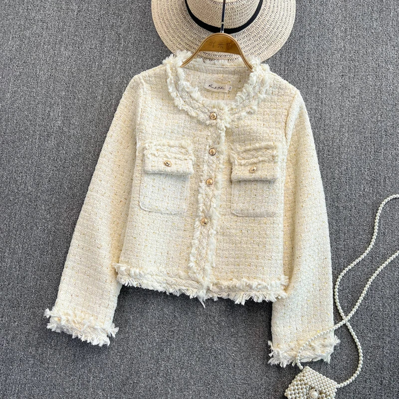 Hnewly  Woven Tweed Jacket Women Autumn Winter New Slim O-neck Single Breasted Coat Elegant Raw Edge Tassel Long Sleeve Blazer