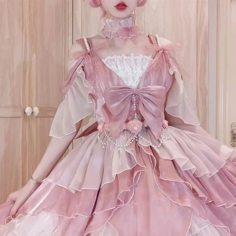 Hnewly  Flower Wedding Lolita Dress Elegant Pearl Strap Fairy Dress Cosplay Clothes Ruffles Pink Princess Jsk Dresses