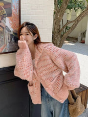 Hnewly  Mohair Sweet Pink Cardigan Sweater Women Elegant Lazy Wind Chic Knitted Coat Loose Long Sleeve Fashion High Quality Tops