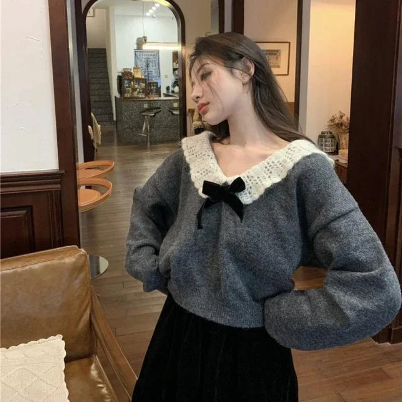 Hnewly Korean Style Sweaters Women Kawaii Sweet Elegant Knited Pullovers Grey Bow Vintage Patchwork Autumn Winter Sweaters