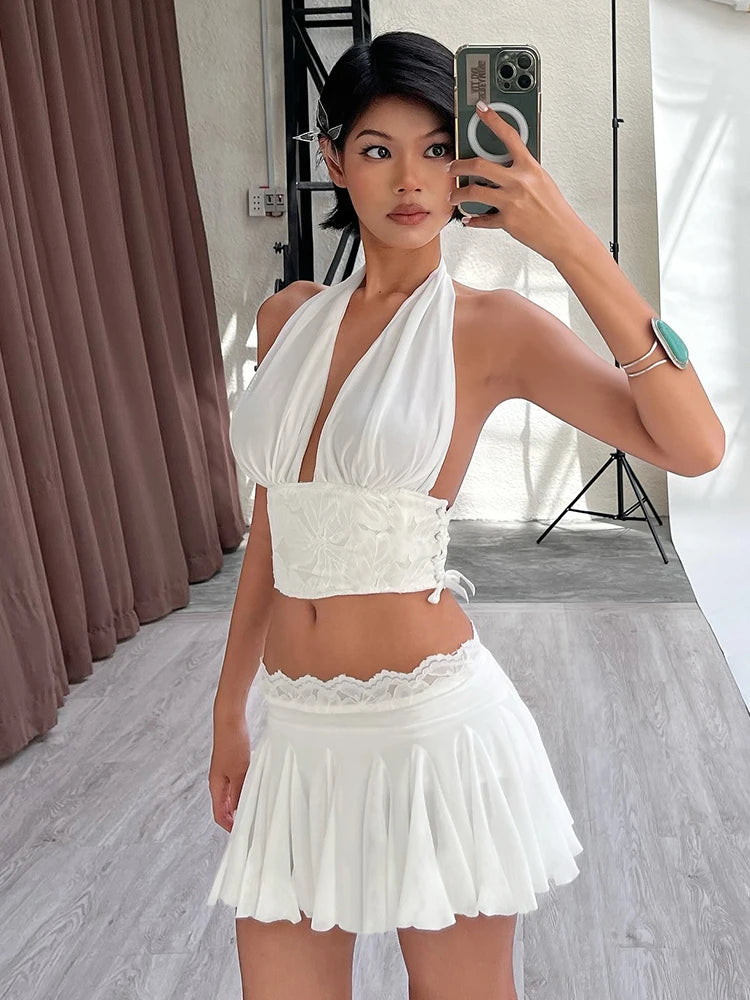 Hnewly Sexy 2Piece Set Women Y2K Patchwork Lace V-Neck Sleeveless Backless Folds Halter Tops+Wave Edge Skirt Matching Suit