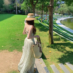 Hnewly  Elegant French Style White Polka Dot Strap Dress Women's Summer New Beach Vacation High-End Feeling Long Dress