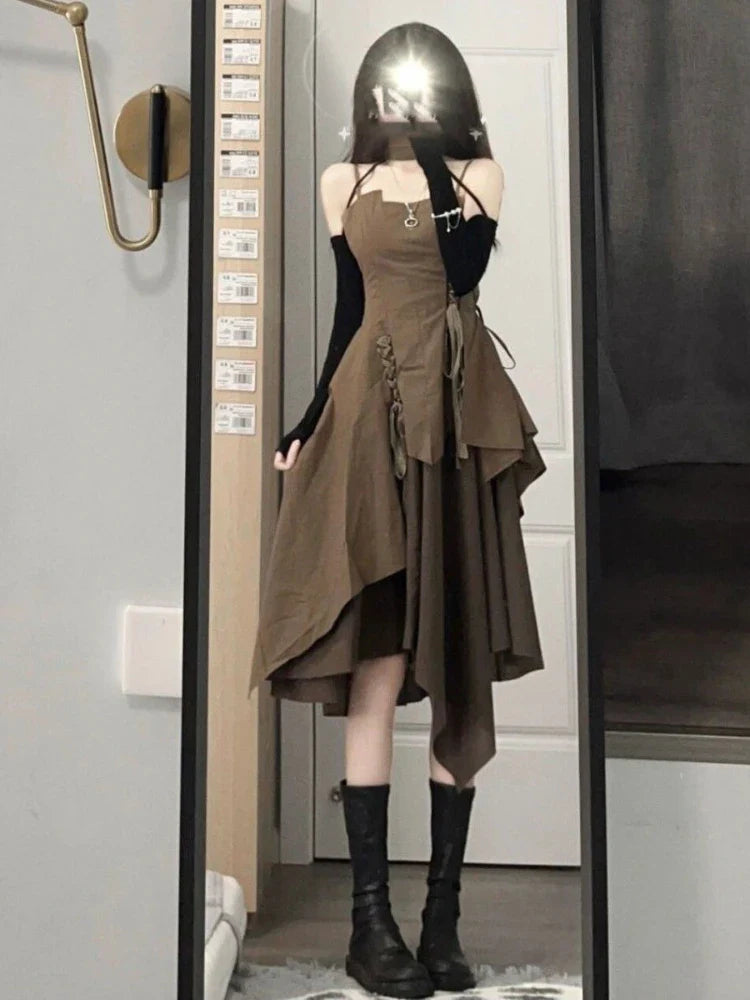 Hnewly Brown Suspender Dress Women Summer New French Sexy Wear Irregular Splicing Lacing High Waist A-line Camisole Dress