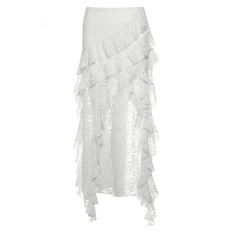 Hnewly  Elegant Tulle Ruffle Skirt Women Boho Lace Vintage White Irregular Skirt Korean Style Summer Layered Mid Skirts Street