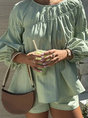 Hnewly  Pleated Solid Women Top Set Wide Leg High Waist Lady Short Sets Casual Summer Lantern Sleeve O-neck Ruffles Lady Shirt Suit