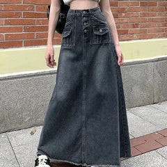 Hnewly  Winter Woman Floor-Length Denim Skirts Y2K Single Breasted Loose Long Skirt Women Korean Fashion High Waist Skirts Ladies