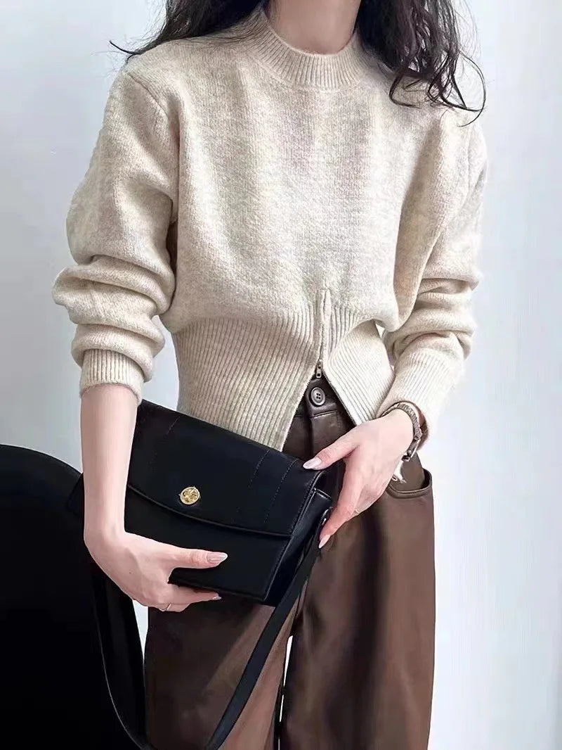 Hnewly Cinched Waist Sweater for Women Pullovers Long Sleeve Mock Neck Plain Knitted Jumper with Zip Front Trendy Fall Winter Outfit