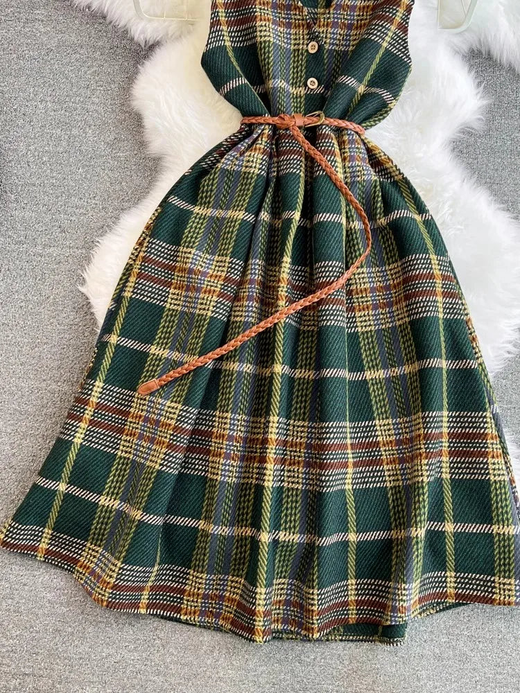Hnewly Autumn Winter Plaid Woolen Dress Women Vintage V Neck Sleeveless Long Dress With Belt Streetwear Sundress