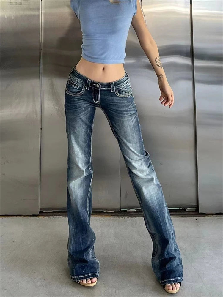 Hnewly Women's Low Waisted Micro Flared Narrow Jeans Summer New Casual Slim Retro Blue Denim Pants Female Sexy Bell-bottoms Trousers