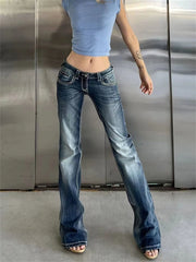 Hnewly Women's Low Waisted Micro Flared Narrow Jeans Summer New Casual Slim Retro Blue Denim Pants Female Sexy Bell-bottoms Trousers