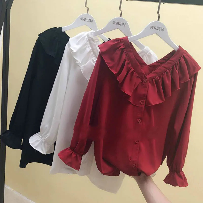 Hnewly Shirts Women Solid Ulzzang Loose Temperament Ruffles Long-Sleeve Top Fashion Streetwear New Office Lady Korean Style All-match