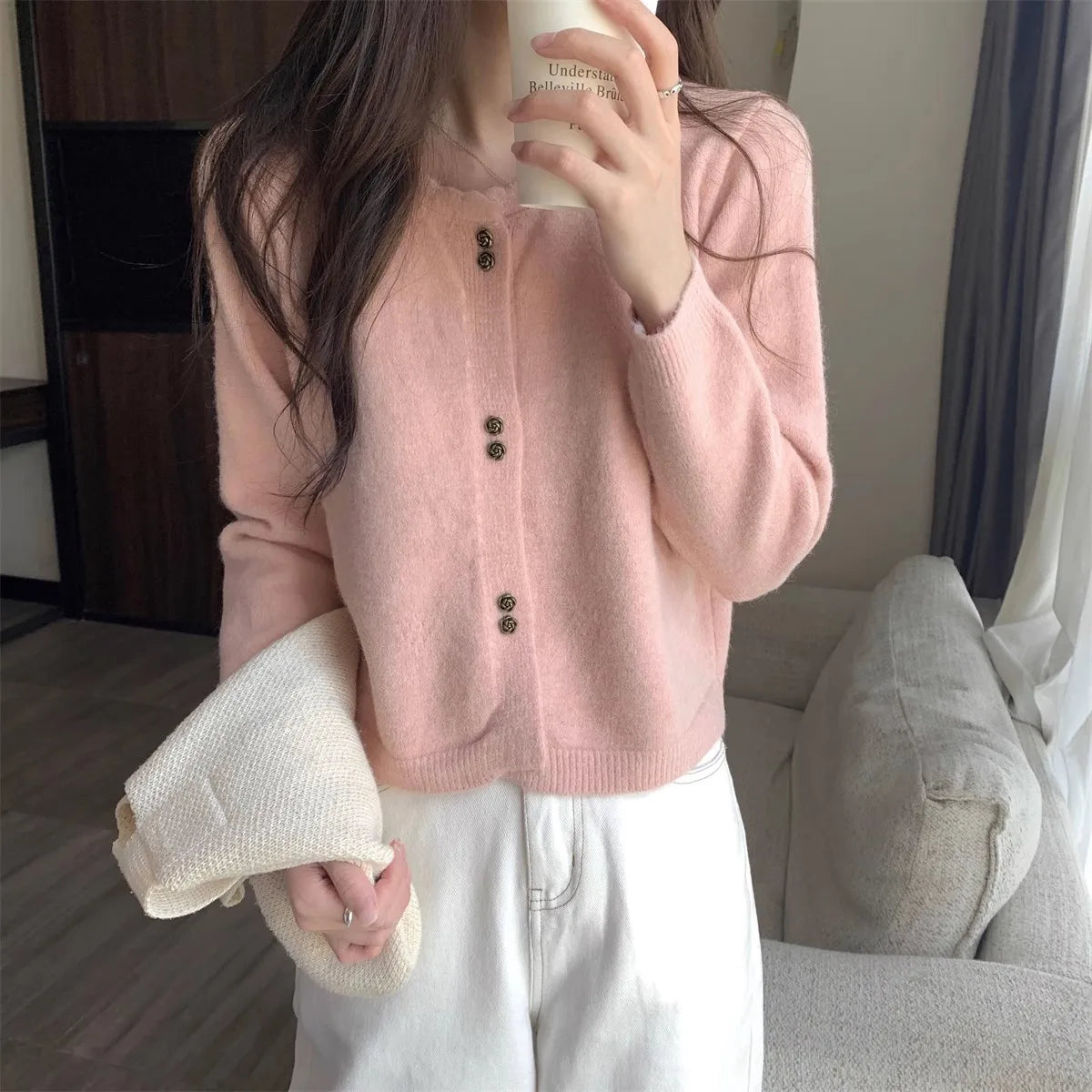 Hnewly  Sweet Short Hollowed Out Sweater Chic Buttons Long Sleeved Knitted  Cardigan Jacket Korean series Round Neck Loose Top