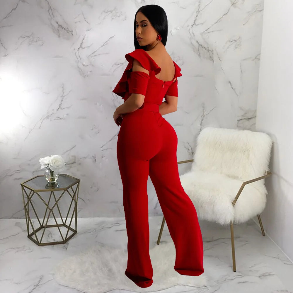 Hnewly Sexy Women Solid Color V Neck Flounce Girdling One-piece Long Sleeve Elegant Wide-Leg Jumpsuits Party Overalls