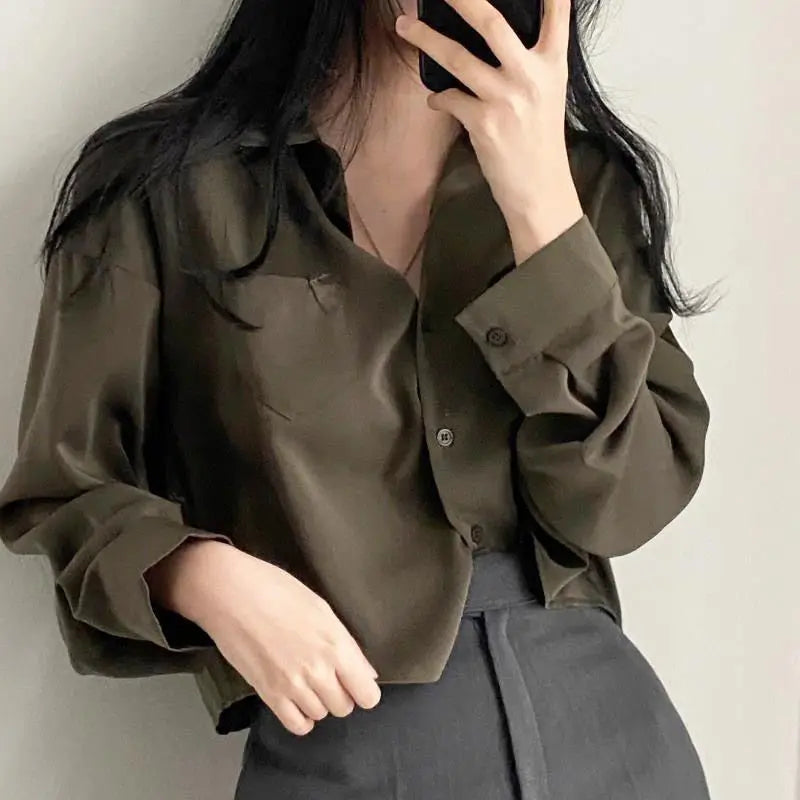 Hnewly Shirts Women Korean Style Vintage Fashion Turn-down Collar All-match Design Single Breasted Crop Top BF Ladies Harajuku Leisure