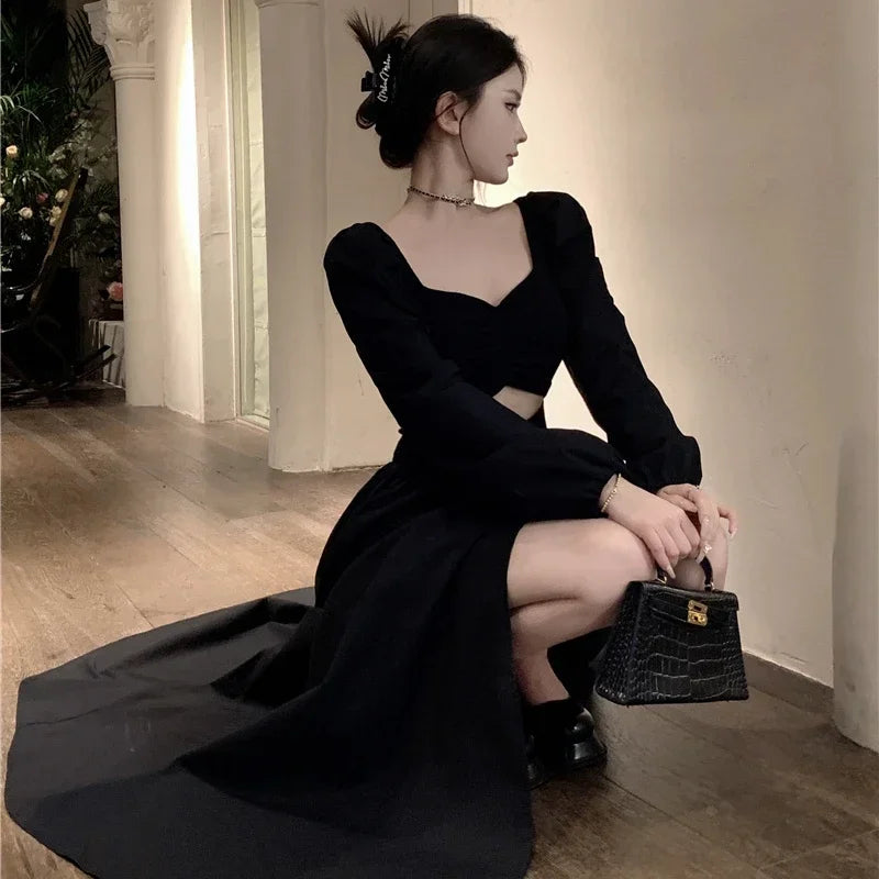 Hnewly holiday dress Long Sleeve Dresses Women Clothes Gown Sexy Side-slit Solid Maxi Vestidos Mujer Chic Autumn French Streetwear Unique Design New