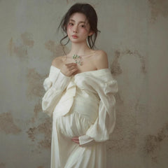 Hnewly  Women Maternity Dress for Photography White Elegant Off-shoulder Pregancy Dresses for Studio Photo Shoot Clothing for Photo