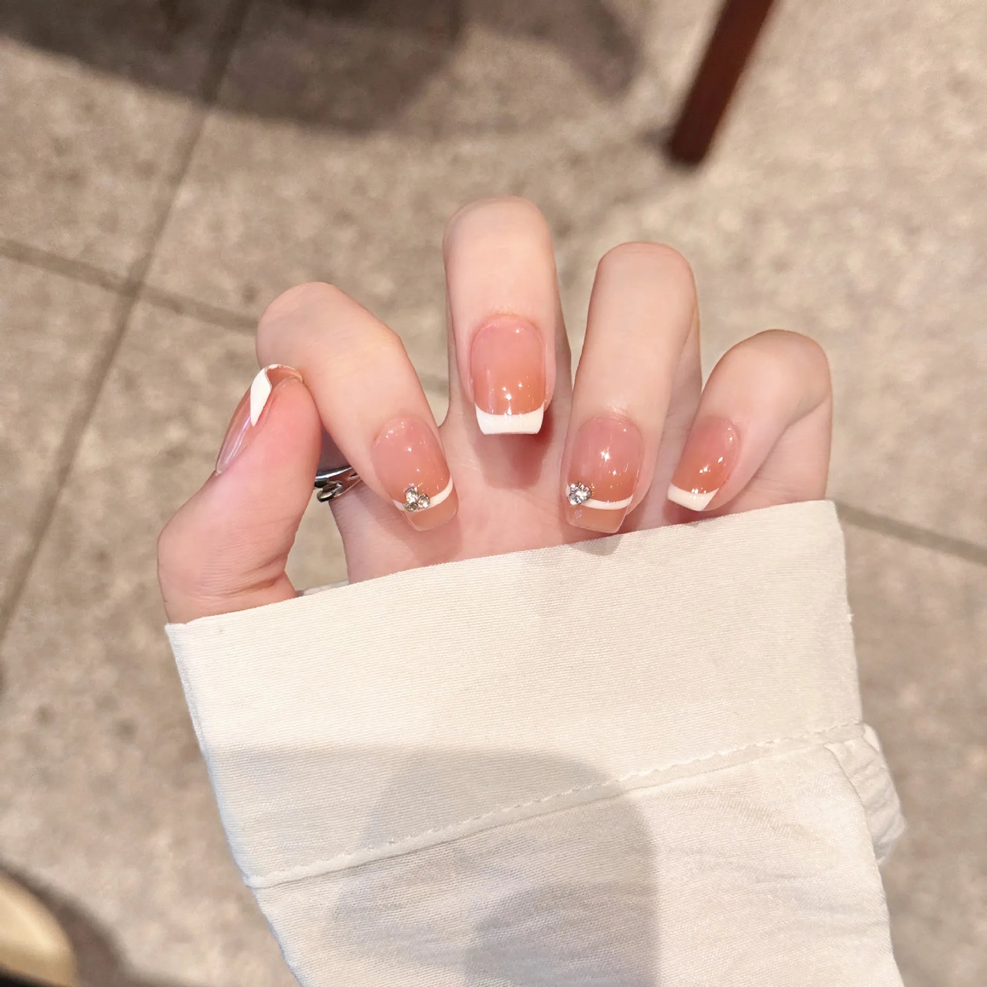 Hnewly 10Pcs Handmade Press on Nails Full Cover Cat Eye Rhinestone Design Nude Color French Ballerina False Nails Manicure Nail Tips