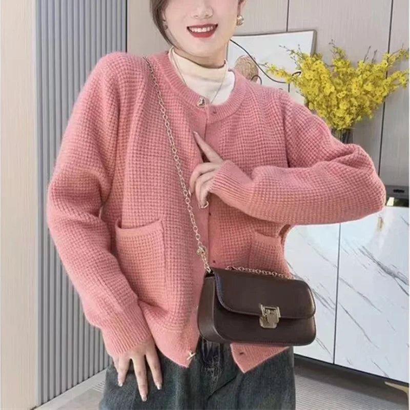 Hnewly  Temperament O-Neck Short Waffle Sweater Autumn/Winter French Elegant Long Sleeve Knitted Cardigan Women's Solid Versatile Coat