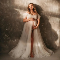 Hnewly  Sheer Elegant Maternity Dresses Drop Shoulders Gown with Pearls Beads High Slit Dress for Pregnant Wife Valentines Gift