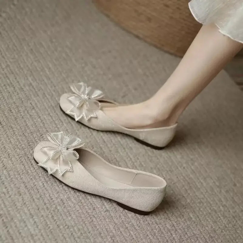 Hnewly  Square Toe Woman Flats with Bow A Line Clothing Trend Cheap Korean Style New in Modest Aesthetic Stylish Shoes for Women