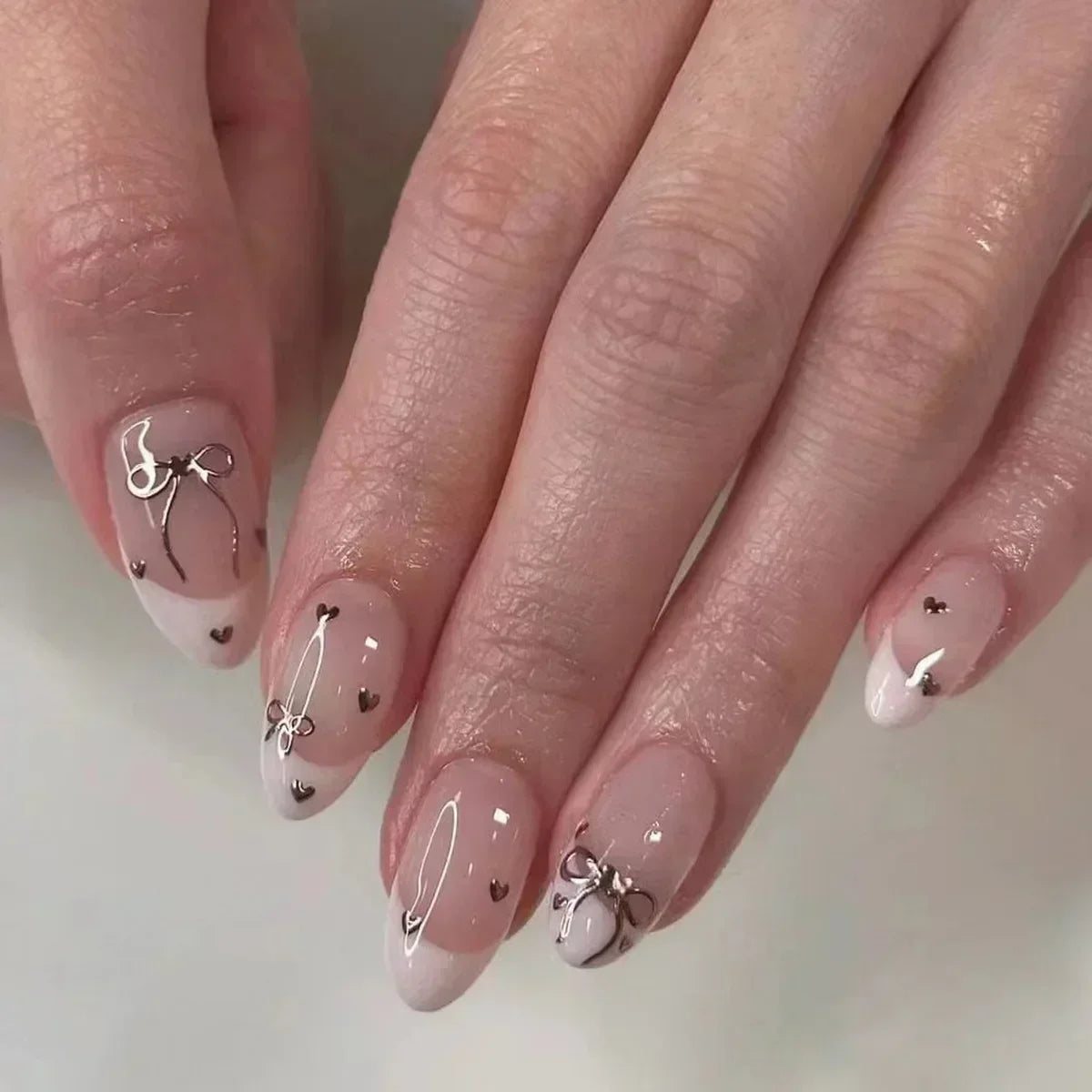 Hnewly 24Pcs Almond False Nails Cute Strawberries with French Design Simple White Wearable Fake Nails Decoration Press on Nail Tips Art