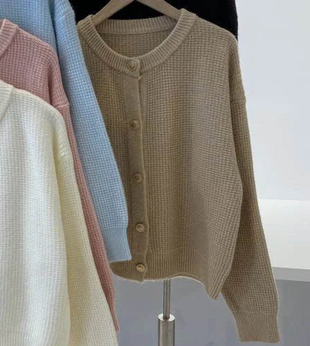 Hnewly  Autumn Winter Sweet Sweater Simple O-Neck Solid Short  Office Lady Cardigan Coat Metal Single Breasted Long Sleeved Outwear