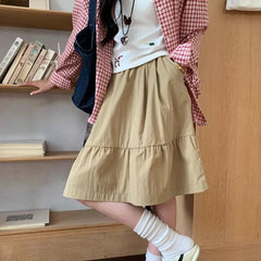 Hnewly  Japanese Style Elastic Waist A Line Skirt Women Summer High Waisted Knee High Skirts Woman College Pocket Solid Color Skirt