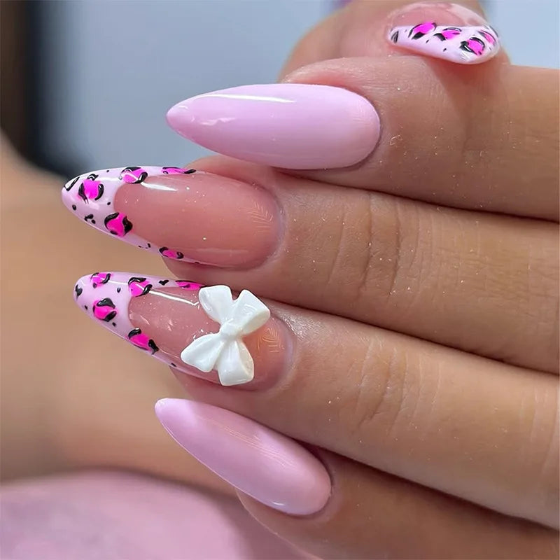 Hnewly Pink French Style Fake Nails 3D Bowknot Designs Short Square Press on Nails Sweet Korean Fashion False Nails for Women and Girls