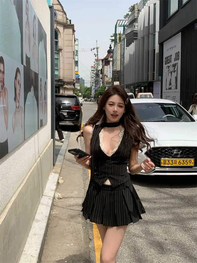 Hnewly 2000s Aesthetic Striped Outfits 2 Piece Set Summer Women Korean Fashion Vacation Kpop Lace Vest + Y2k Preppy Mini Pleated Skirt