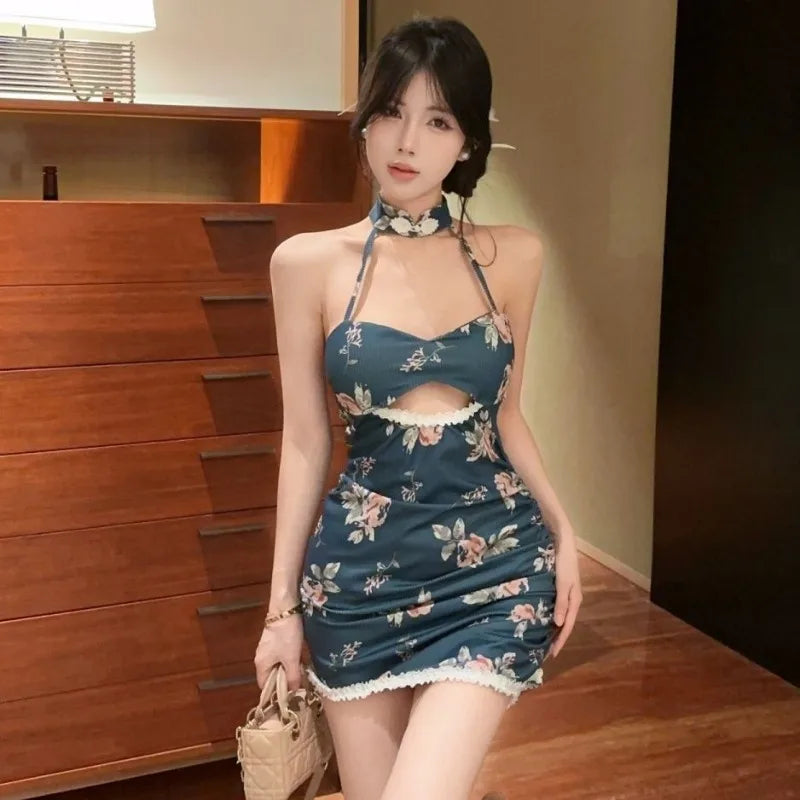 Hnewly  Woman Dress Sexy Fashion Tie Dye Floral Sleeveless Hollow Out Lace Patchwork Backless Party Mini Dresses Ladies Elegant