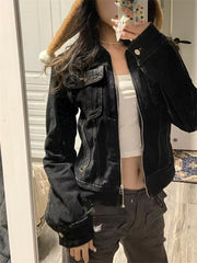 Hnewly  Zipper Jeans Solid Coats Streetwear Fashion All Match Ins Chaquetas Mujer Women Turn Down Collar Punk Vintage Denim Jackets