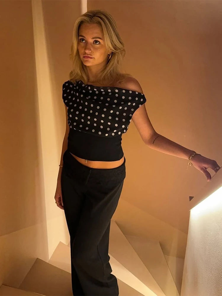 Hnewly  Polka Dots Print T-Shirts Women Summer Trend Skew Collar Off Shoulder Backless Street Fashion Trend Ruched Crop Tops