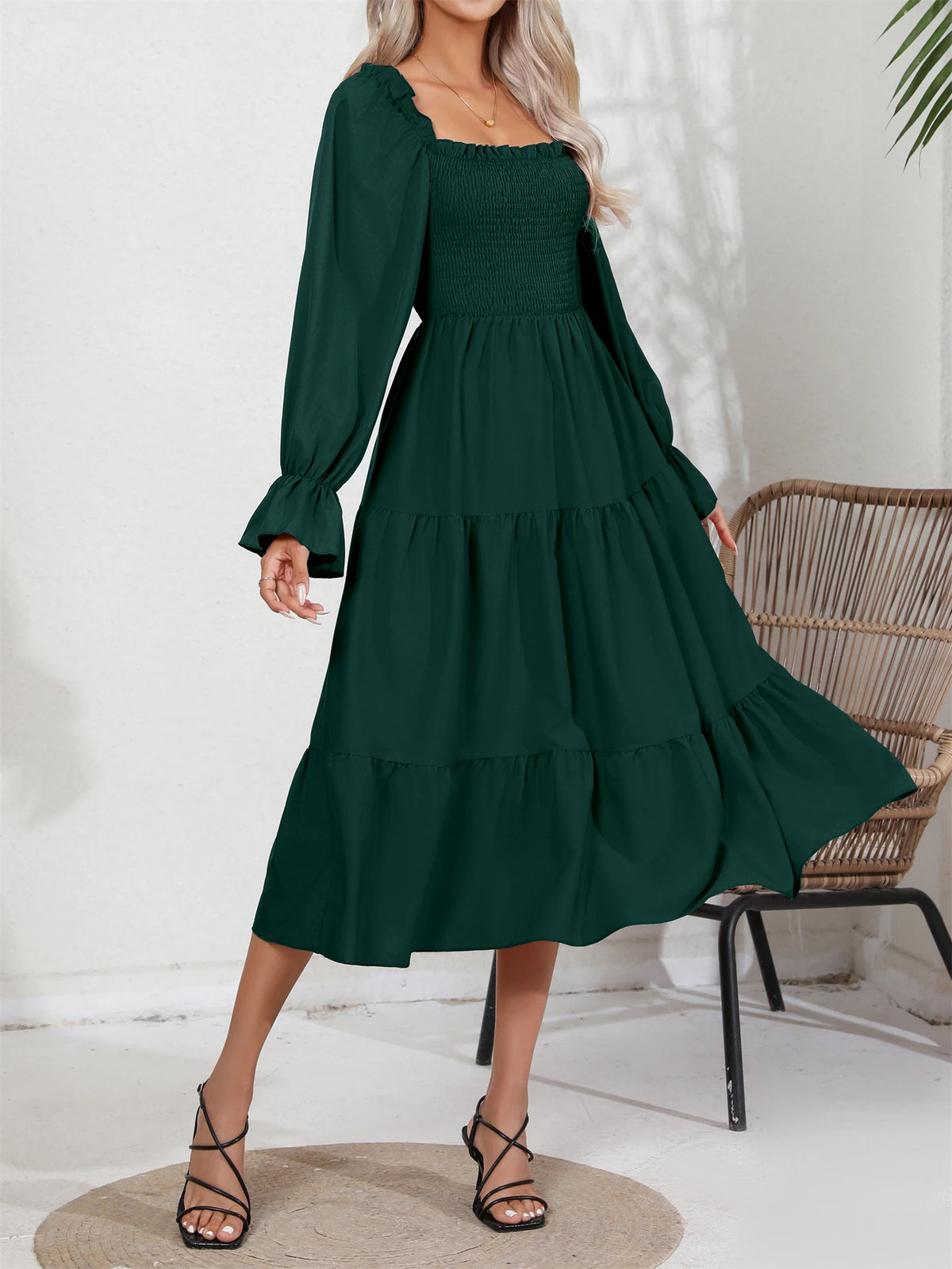 Hnewly  Spring & Autumn Casual Solid Squared Neck Shirred Ruffle Trim Long Sleeve Tiered Dress For Women