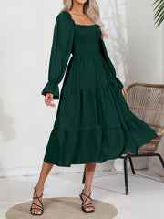 Hnewly  Spring & Autumn Casual Solid Squared Neck Shirred Ruffle Trim Long Sleeve Tiered Dress For Women