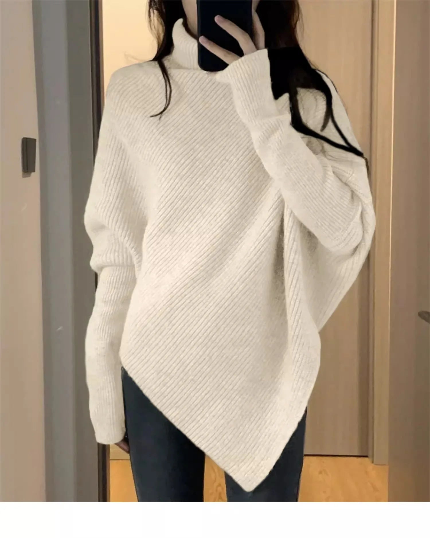 Hnewly  High Neck Irregular Sweater Women's Autumn Winter Korean Version Loose Soft Knitted Top Elegant Long Sleeved Pullover