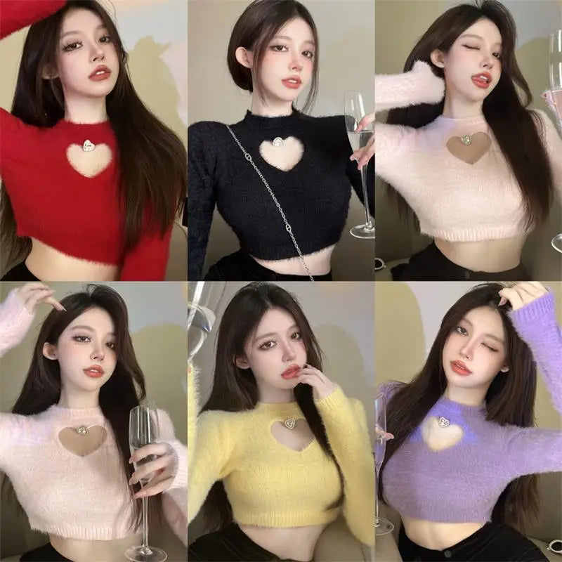 Hnewly 2025 spring fashion trend Autumn Winter New Sweater Women's O Neck Diamond-Studded Hollow Love Long Sleeve Slim Short Crop Top