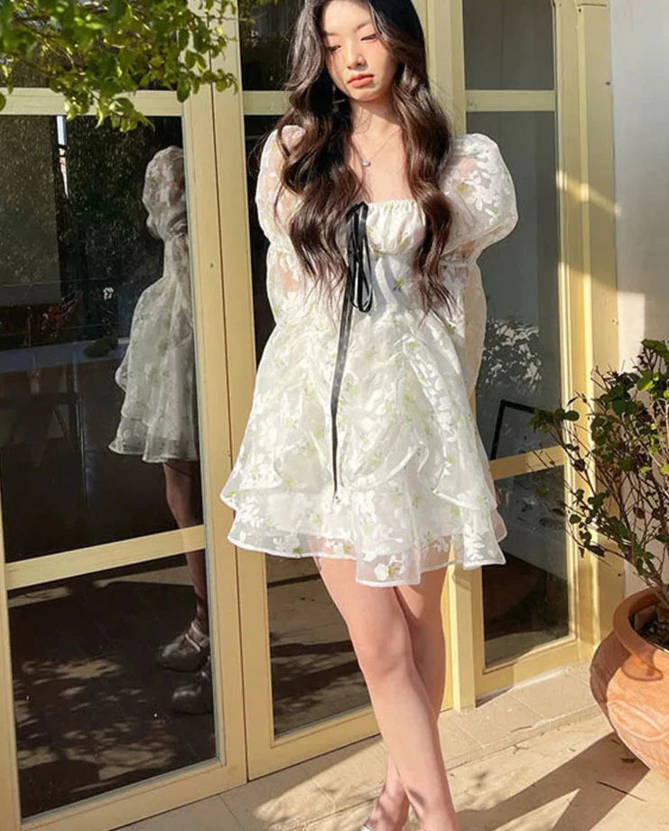 Hnewly DRESS TO IMPRESS Spring Vintage Floral Dress Women Casual Korean Party Long Sleeve Fairy Dresses Female Evening High Street Sexy Mini Dress