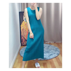 Hnewly  Slim Fit Midi Sleeveless Dress Basic Pleated Style Four Seasons Wearable Thin Polyester Fiber City Commute Women's Dress
