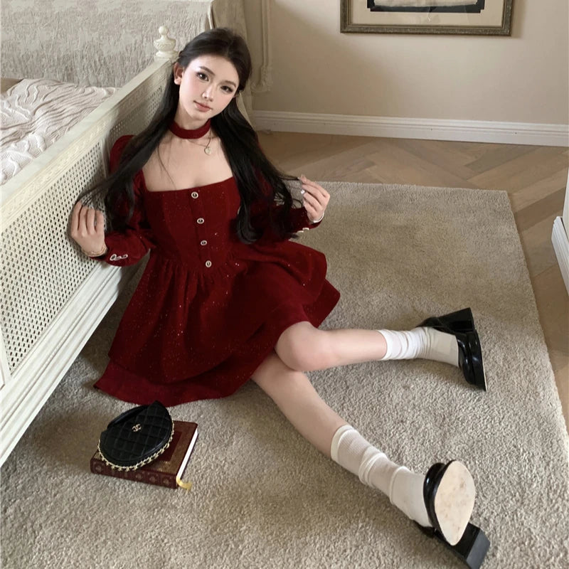 Hnewly NEW YEAR DRESS TO IMPRESS Long Sleeve Velvet Dress Women Princess Square Collar Autumn Buttons Ruffles Bling Design Fashion Temper Elegant Seductive New