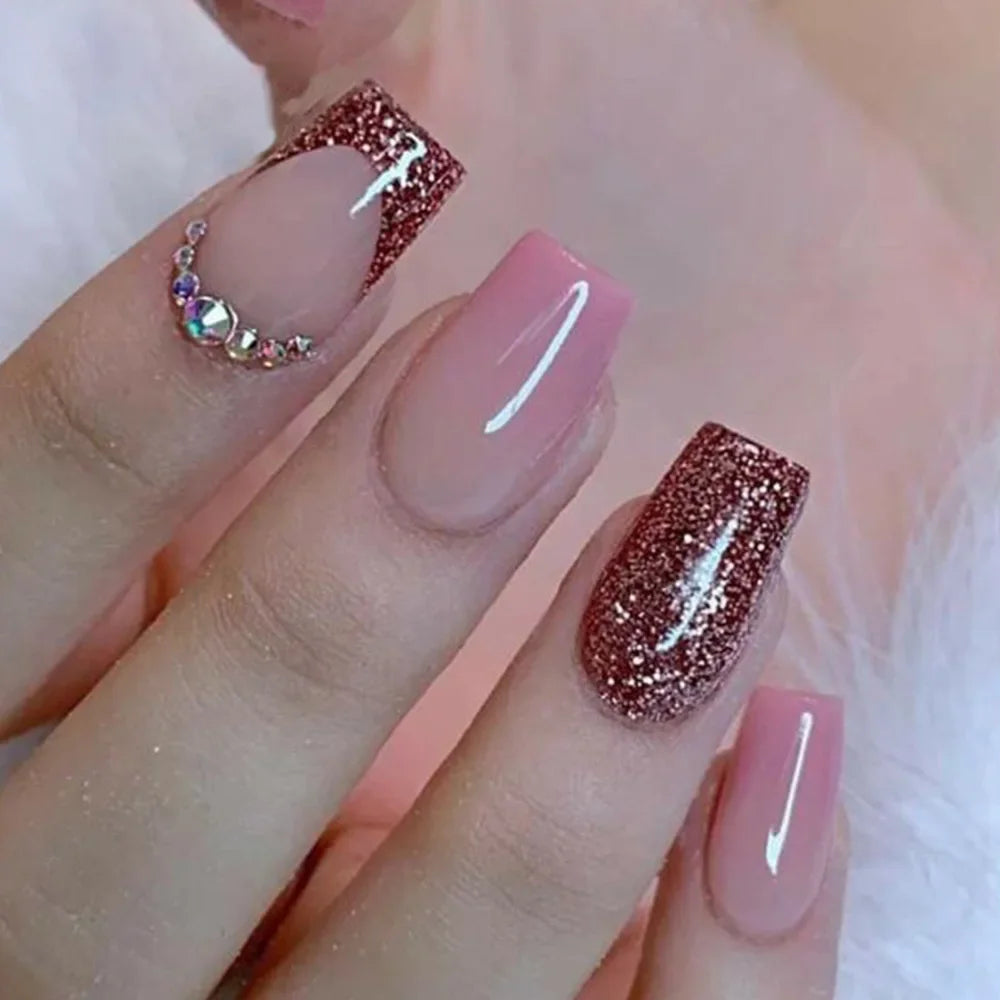 Hnewly 24Pcs Pink Glitter False Nails White Gradient Long Ballet with Heart French Design Wearable Fake Nails Press on Nails Tips Art