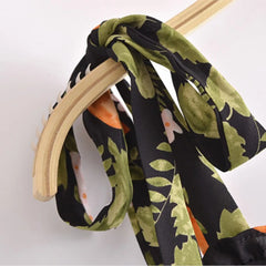 Lunivop  Retro French Black with Green Leaves Floral Print Mini Dress Sexy Women Wood ear Ruffles Hem Tide Bow Strap Sling Holiday Robe
